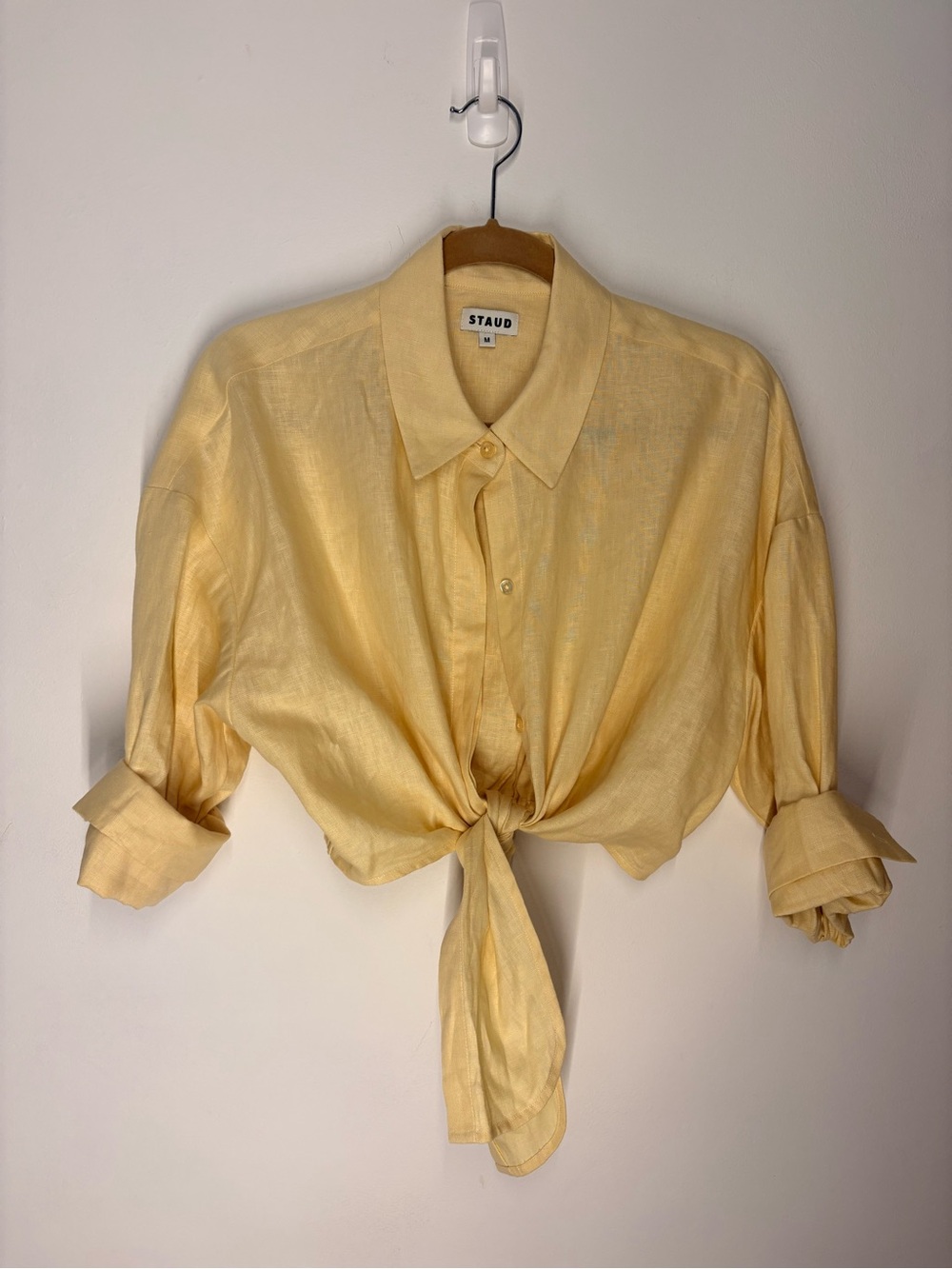 STAUD Pale Yellow Tie-Front Linen Button-Down Shirt